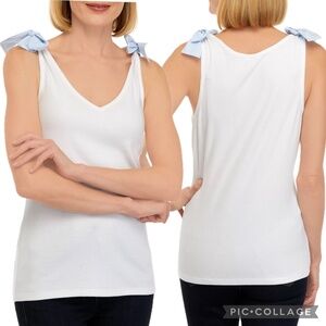 Crown & ivy White Ribbed Tank Top with Blue Bow-Tie Straps at Shoulders Size L
